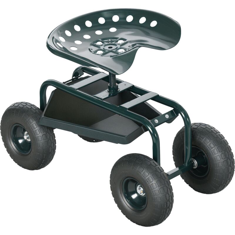 2 en 1 tabouret pivotant réglable chariot mobile de jardin charge max. 150 Kg rangement acier vert