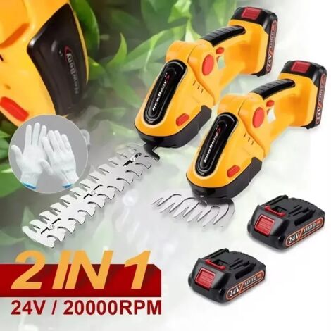 2 en 1 taille-haie électrique sans fil Portable haute puissance tondeuse à gazon domestique podateur Rechargeable désherbage outils de jardin, Jaune–2 batteries