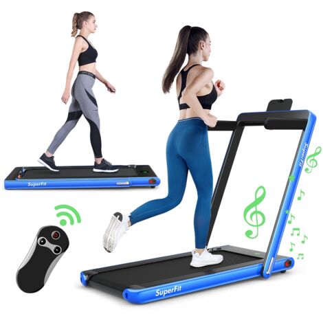 2 en 1 Tapis de Course Electrique Pliable 1 à 12 Km/H avec Haut-parleur Bluetooth Télécommande Moteur 2,25HP Noir et Bleu