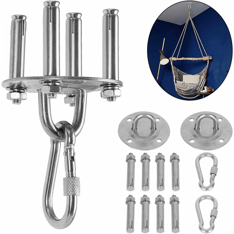 2 Ensembles 400KG Capacité en Acier Crochet Plafond, Crochet Hamac, Crochet Balancoire (avec mousqueton et 4 Vis) pour Hamac Chaise Suspendue