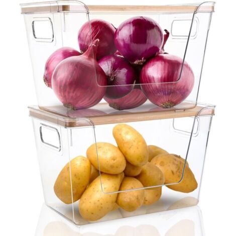 2 ensembles d'organisateurs et de stockage pour le garde manger, Conteneurs empilables pour pommes de terre, oignons, ail, fruits, légumes, Paniers de cuisine transparents avec couvercle