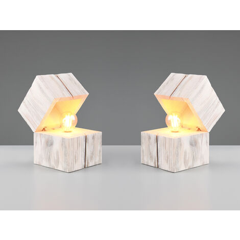 2-er SET aufklappbare LED Tischleuchten aus Holz Weiß, Höhe 16cm
