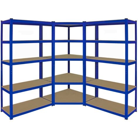 2 Estanterías Metálicas Azules T-Rax Sin Tornillos 90x45x180cm + 1 Estantería Esquinera Esquina Rinconera Metálica Azul Capacidad 265kg por Estante Almacenamiento Almacenaje Oficina Taller Garaje