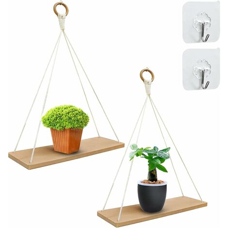2 estantes para colgar en la pared, estante flotante de cuerda de columpio de madera para marcos de fotos y plantas pequeñas, estante de pared de macramé, decoración bohemia para el hogar para dormito