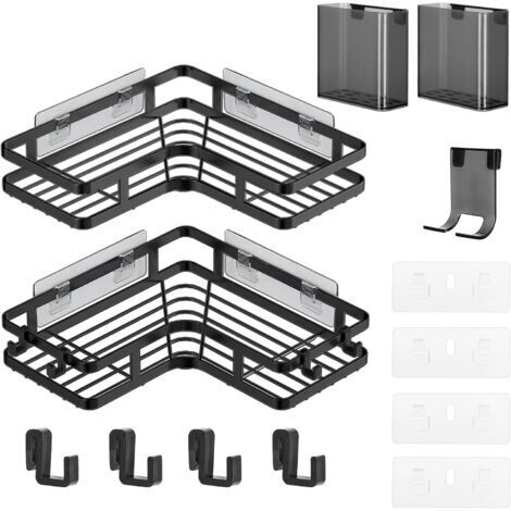 2 étagères de douche sans perçage, étagère d'angle noire pour salle de bain avec seau à dentifrice et porte-rasoir, étagère de rangement épaisse antirouille pour salle de bain, cuisine et balcon