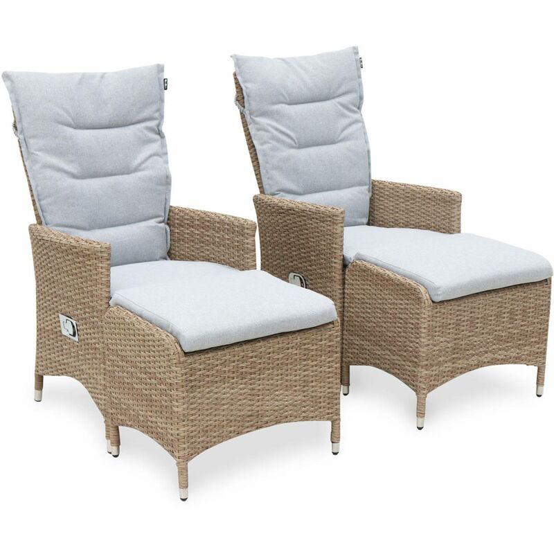 2 fauteuils de jardin en résine beige avec repose-pieds et coussins gris clair – CAPRI - fauteuil inclinable Beige / Gris clair