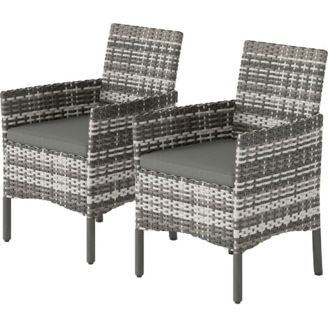 2 Fauteuils de Jardin en Rotin et Acier avec Coussins, Accoudoirs et Dossier Haut, 58x62x87 cm, Gris