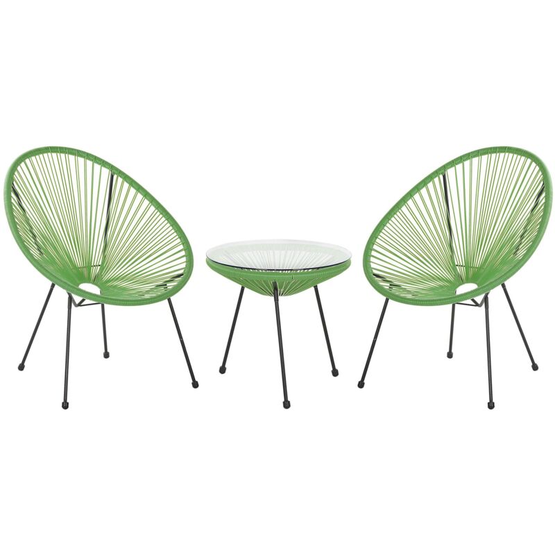 Set de Salon ou Jardin 2 Chaises Fauteuils Type Spaghetti et Petite Table Basse en Rotin pe Vert et Acier Noir Design Industriel Moderne Beliani