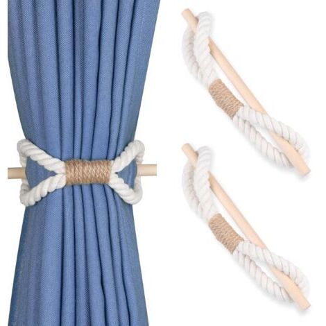 2 fermatende bohémien fatti a mano con asta in legno e corda in cotone. Fermatende per tende.