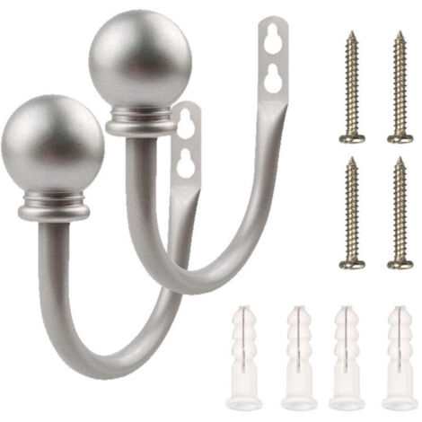 2 fermatende emisferici a U color grigio argento, con fissaggio a vite, ganci in metallo da parete, per tende da parete, tende da finestra e tende da doccia.