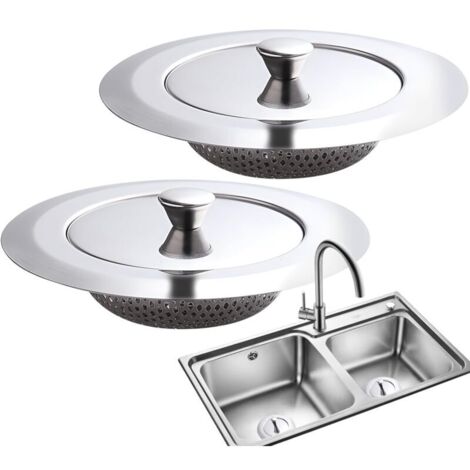 2 filtres Évier de cuisine universel avec grille de couvercle en acier inoxydable Évier de cuisine pour cuisine et salle de bains (large côté poinçonné modèle court + couvercle) diamètre