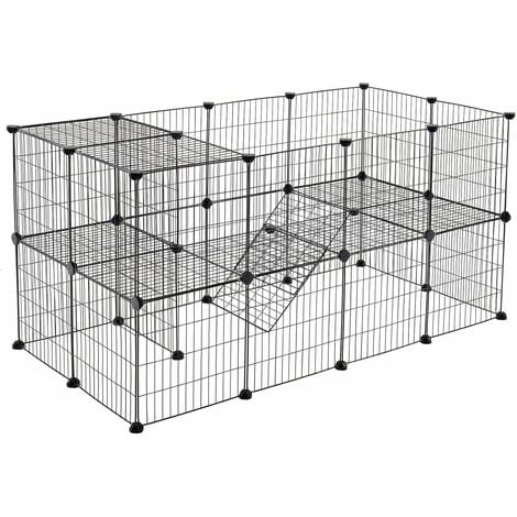 2-Floor Metal Pet Playpen, 36 Grid Panels, Customisable Cage Enclosure for Small Animals, Guinea Pigs, Hamster runs, Rabbit Hutches, Includes Mallet, Indoor Use 143 x 73 x 71 cm, Black LPI02H