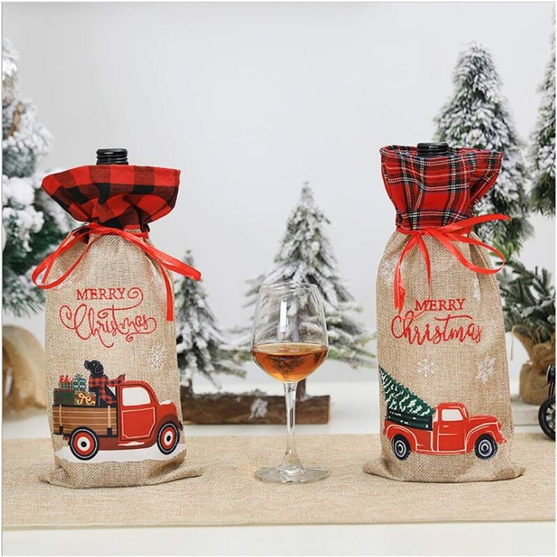

2 fundas para botellas de vino a cuadros de búfalo navideño, suéter navideño, juegos de fundas para botellas de vino, bolsas de regalo para botellas