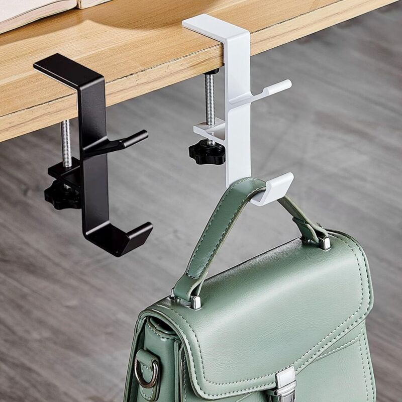 2 ganchos para bolsos de mesa, ajustables y antideslizantes, multifuncionales y portátiles, para colgar llaves, bolsos, sombreros y paraguas.