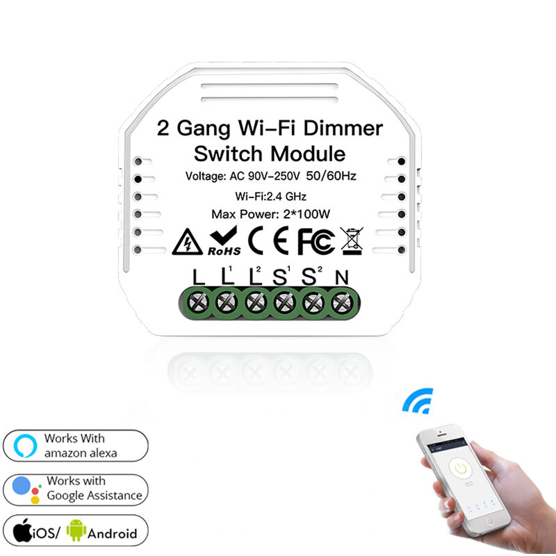 

2 Gang DIY 2.4G WiFi Aplicación inteligente Control remoto 2 vías LED Módulo de atenuación de luz Interruptor Smart Life / Tuya Trabaja con Alexa