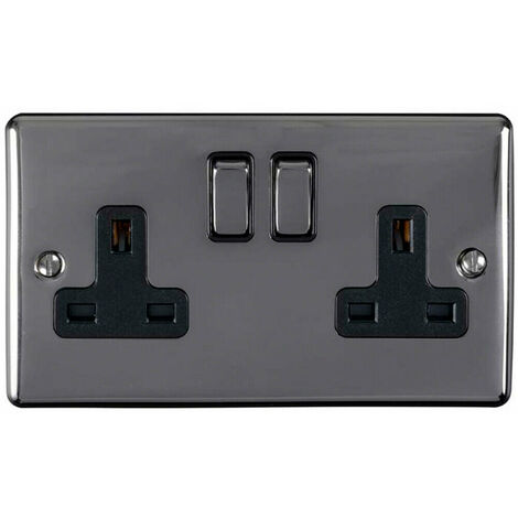 2 Gang Double UK Plug Socket BLACK NICKEL 13A Switched Mains Wall Power Outlet