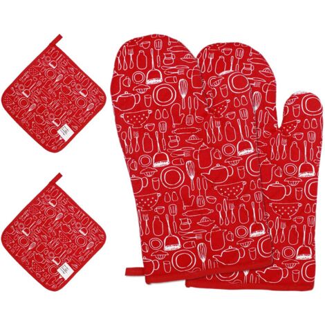 2 gants de cuisine rouges + 2 tapis de cuisson rouges