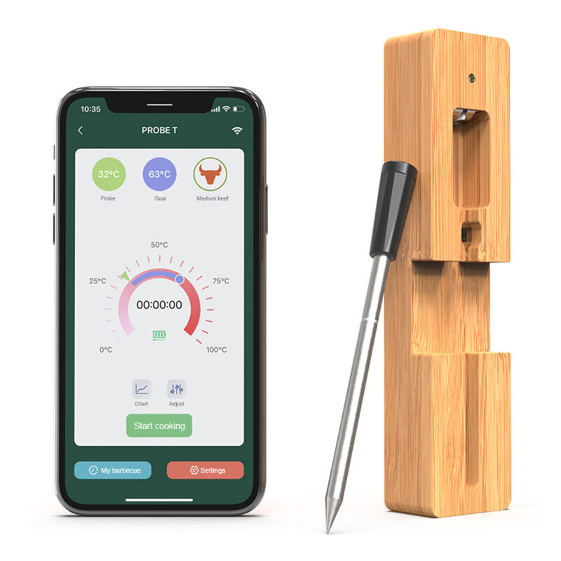 LIFCAUSAL Thermomètre à Viande Sans Fil Charge Rapide 5-10 Min, Portée 30m Bluetooth Sonde Intelligente IPX7 pour Grillades