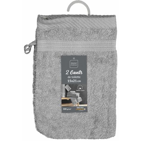 BRICOLINE Lot de 2 Gants de Toilette Uni Tendresse – 15 x 21 cm – 500gr/m² - 15X21cm - Gris