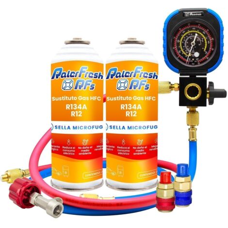 2 Gas Refrigerante Ralerfresh RFs para aire acondicionado de coche o nevera, sustituto del gas R12 y R134A con kit Manometro