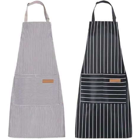 2 gestreifte Küchenschürzen, Unisex-Kochschürzen aus Baumwoll-Leinen-Mischgewebe, verstellbare Latzschürze mit 2 Taschen zum Kochen, Backen und Malen, Schwarz & Grau