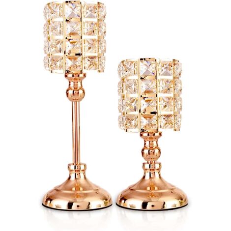 2 goldene Kristall-Teelichthalter, zylinderförmig, aus Metall
