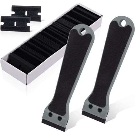 2 Grattoir Plastique avec 100 raclettes, Long Manche Grattoirs, pour Enlever les étiquettes, a colle, la peintureAutocollants et décalcomanies, gris