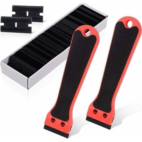2 Grattoir Plastique avec 100 raclettes, Long Manche Grattoirs, pour Enlever les étiquettes, a colle, la peintureAutocollants et décalcomanies, rouge