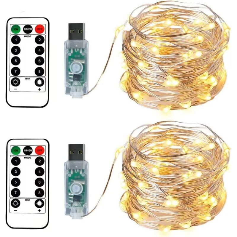 2 Guirlandes Lumineuses 100 LEDs 10 Mètres Fil d'argent Blanc Chaud,Prise usb avec Télécommande Lumière Etoilée pour Décoration Noël Soirée Mariage