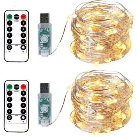 2 guirnaldas de luces, 100 LED, 10 metros, cable plateado blanco cálido, enchufe USB con control remoto, luz estrellada para Navidad, fiestas y decoración de bodas.