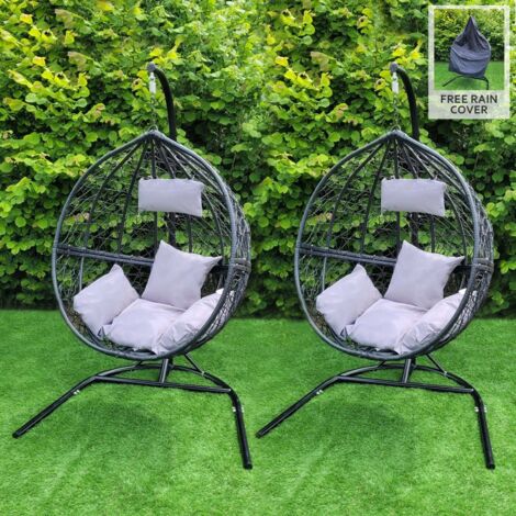 2 Hängesessel Polyrattan Hängekorb Hängestuhl Hängesitz Hängesessel Schaukel mit Gestell - Schwarz