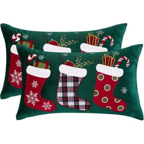 2 Housse de Coussin Noel 30x50 cm Taie d'oreiller Père Noël Joyeux Xmas en Hiver Parure de Oreiller Chaussettes Motif Décoration de Lit Deco pour Chambres Canapé