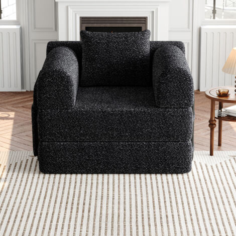 2-in-1 1-Sitzer Schlafsofa aus schwarzer Chenille, Stauraum in der Armlehne, 3 Stahlrahmen