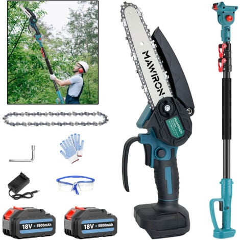 PEDONY 2 in 1 Brushless Cordless Chainsaw Long Reach Pruner Mini Chainsaw with 2 Chains 2 x 5.5A Battery + Charger Compatible with Makita Battery