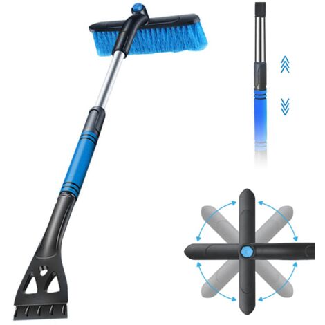 2 in 1 Car Ice Scraper with Broom, Ice Scraper and Snow Brush, 360° Brush Head, Non-Slip Foam Handle, for Car, Truck, SUV, Windshield (Blue)