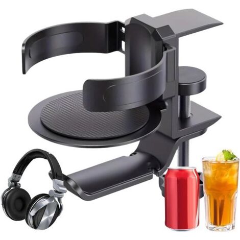 2-in-1 Desktop Gadget - Spill-proof Cup Holder and Headphone Hook - Under-desk Clip - Home Gamer Accessory