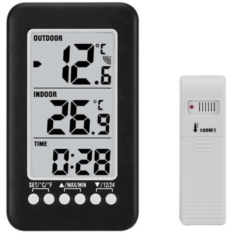 2-in-1 Drahtloses Innen-/Außenthermometer – LCD-Uhr, 100 Meter Übertragungsreichweite, Temperaturanzeige (Celsius/Fahrenheit), praktische Wand-/Tischmontage.
