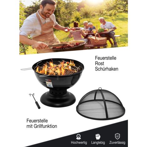 2-in-1 Feuerstelle mit Grillfunktion Ø57cm  Grill & Feuerschale aus Stahl inkl. Rost, Deckel & Schürhaken  Gartenkamin BBQ Outdoor Lagerfeuer Terrassenofen