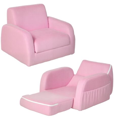 2-in-1 Kids Armchair, Toddler Sofa Bed, with Wood Frame, for Bedroom, Playroom - Pink