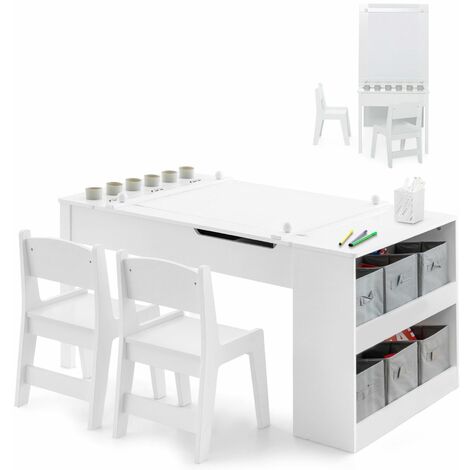 2-in-1 Kids Art Table and Chairs Set Wooden Toddler Craft Easel Desk W/ Shelves