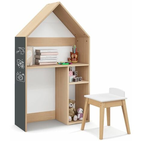 2-in-1 Kids Table and Chair Set House-Shaped Wooden Desk with Ample Storage