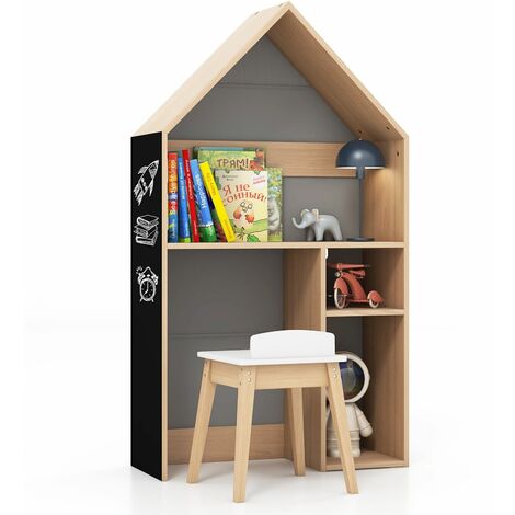 2-in-1 Kids Table and Chair Set House-Shaped Wooden Desk with Ample Storage