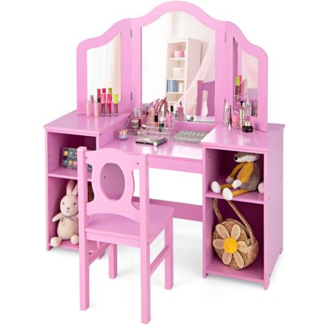 2-in-1 Kids Vanity Makeup Dressing Table & Chair Set Tri-Folding Mirror &Storage