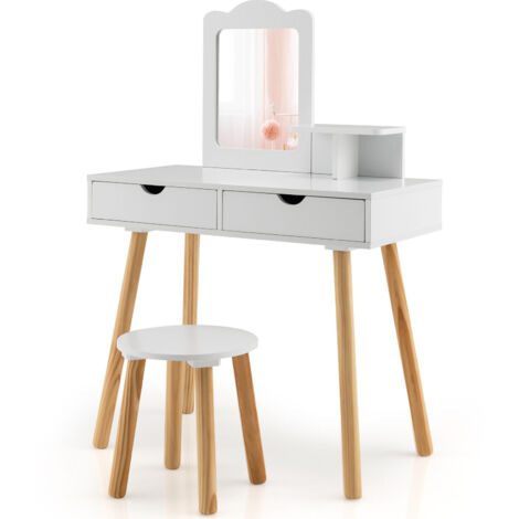2-in-1 Kids Vanity Set Children Wooden Dressing Table & Stool w/ Mirror