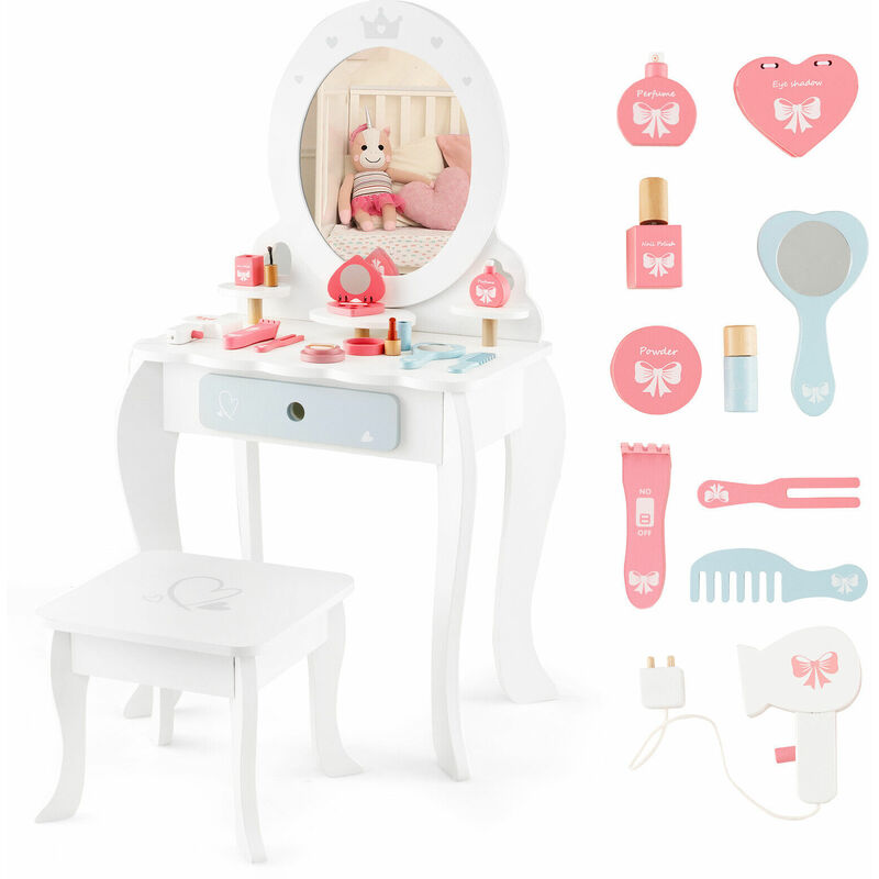 2-in-1 Kids Vanity Set Makeup Table & Chair Set w/ Removable Mirror for Kids 3+