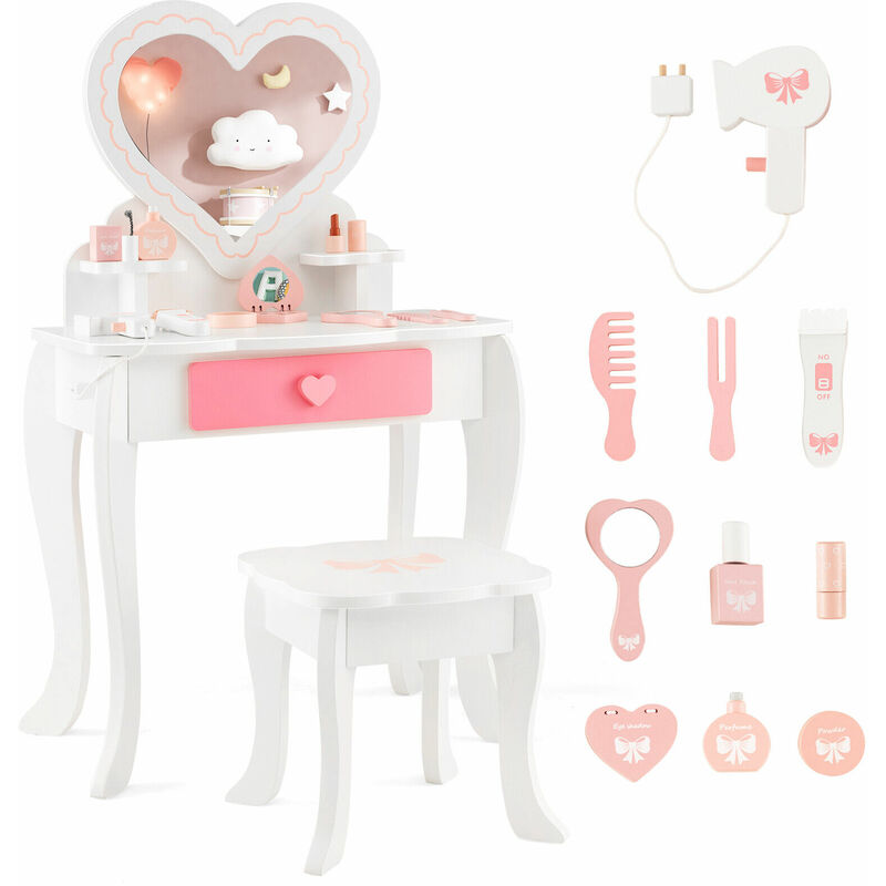 2-in-1 Kids Vanity Set Pretend Makeup Table & Chair Set w/ Heart-shaped Mirror