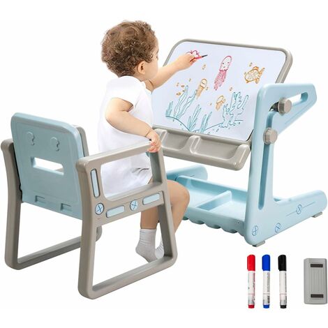 2 in 1 Magnetische Maltafel, Kinderschreibtisch mit Stuhl, Hoehen- und neigungsverstellbar Kinder Zeichentisch mit Stauraum, Whiteboard-Stiften & Radiergummi (Blau)