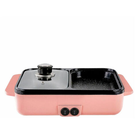 2 in 1 Multifunctional 1400W Electric Kitchen Hot Pot Barbecue Stove Hot Pot Egg Noodle Soup Barbecue Plancha Nonstick Grill Barbecue Pan (Pink, EU Plug 220V)