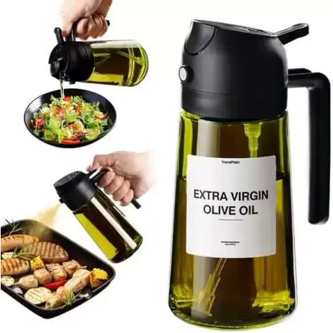 2-in-1-Ölsprüher zum Kochen, 470-ml-Glasölflasche/Olivenöl-Sprühflasche für Salate, Grills und Heißluftfritteusen (Schwarz)