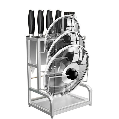 2 in 1 Pot Lid Holder Knife Rack 304 Stainless Steel Multifunctional Kitchen Storage Organizer True Color With 3 Knife Slot 1 Chopsticks Holder